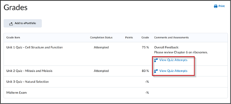 Figure: On the Grades page, click View Quiz Attempts to access feedback on quiz attempts.