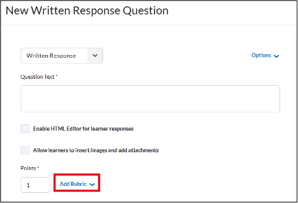 Figure: Add rubric to written response questions in iLearn quizzes. Instructors can create new or attach existing rubrics.