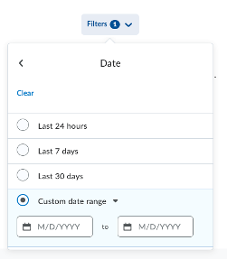 Figure: Click Filters and select a preset or custom date range.