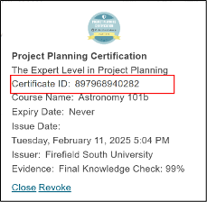Figure: From Classlist Awards, view the certificate details by selecting a learner. The pop-up displays certification details, including Certificate ID