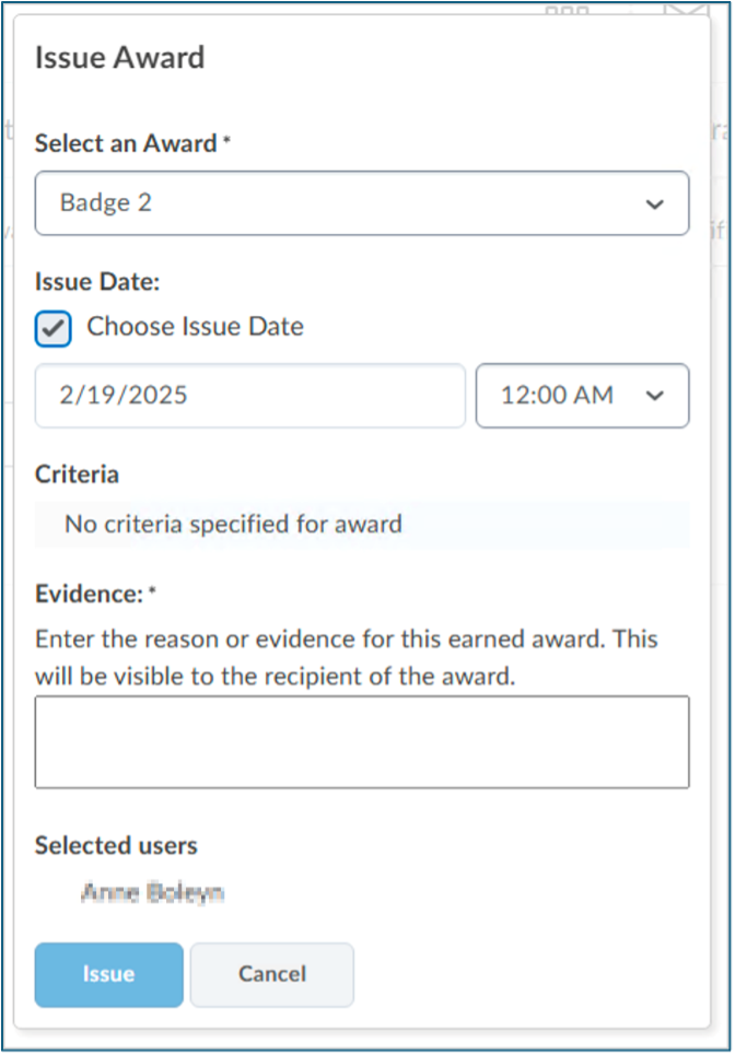 Figure: The Issue Date field appears below the Select an Award field in the Issue Award dialog.
