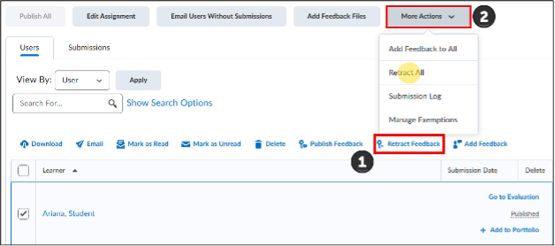Figure: From the Submissions page, click More Actions and select Retract All to remove published feedback in bulk