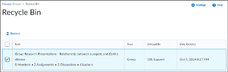 Figure: Select the check box for a group or group category and click Restore.