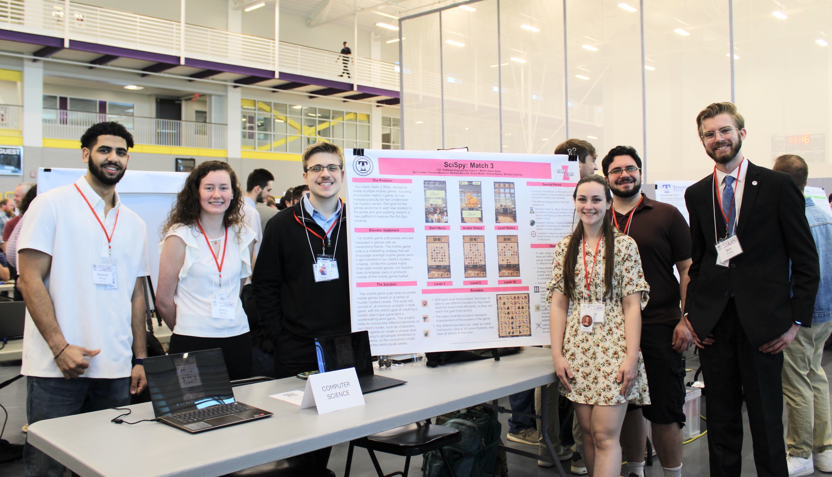 Markow Moussa, Emily Mutter, Brendan Sullivan, Kelsey Rainey, Tommy Marascia and Ben Coates, from left, show their senior capstone project at the College of Engineering’s Senior Design Expo, held just before spring commencement.