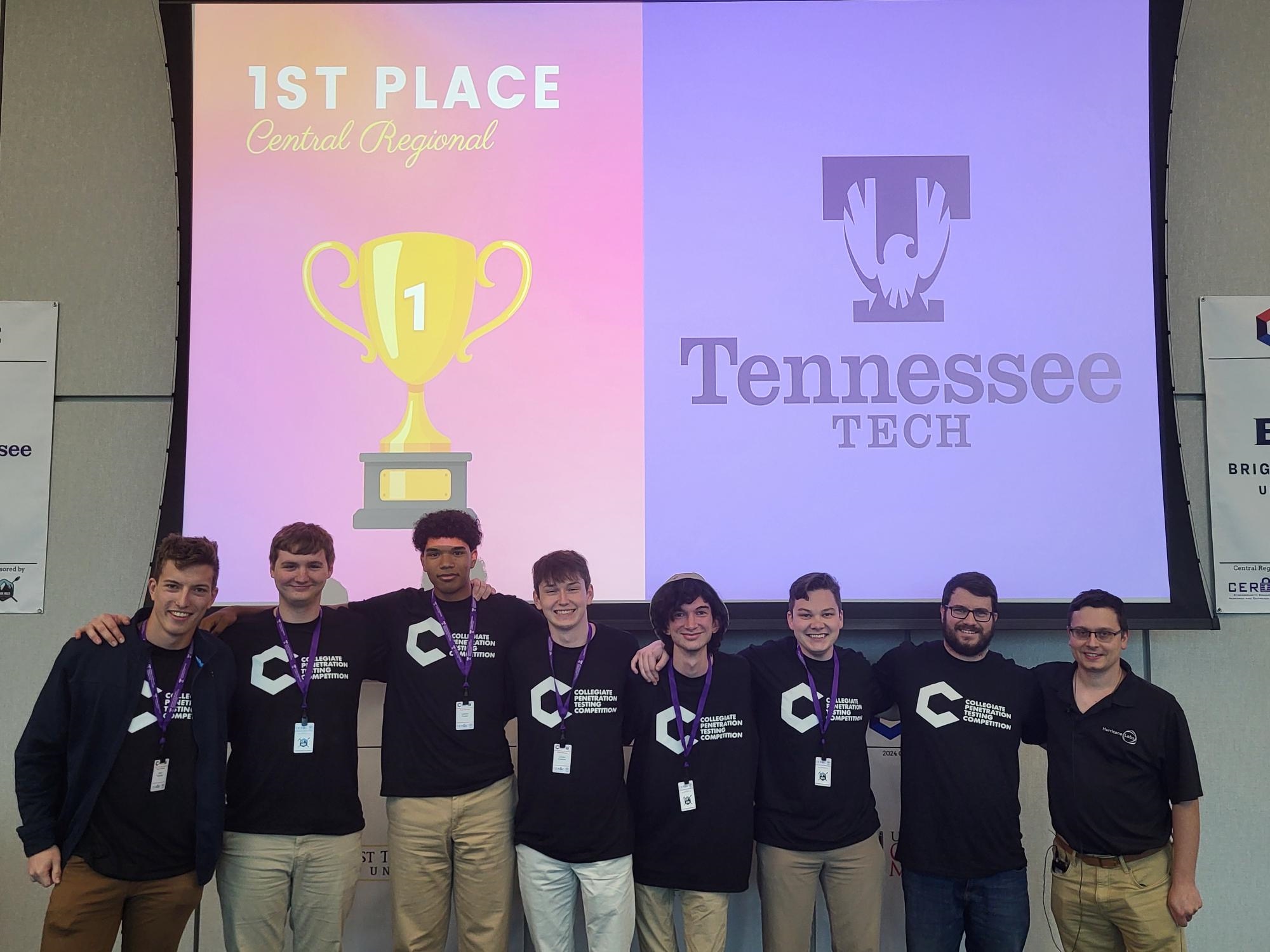 Students from Tennessee Tech’s Cybersecurity Education, Research and Outreach Center (CEROC) placed First in the Collegiate Penetration Testing Competition (CPTC). From Left: Grant Palasak (Team Captain), Landon Byrge, Landon Foister, Landon Crabtree, Lance Young, Joseph Dunlap, Travis Lee (Coach), and Tom Kopchak (CPTC Competition Director & Founder) 