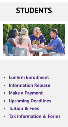 Image of the Bursar's Website "Students" section links for reference of resources on Pay/Confirm
