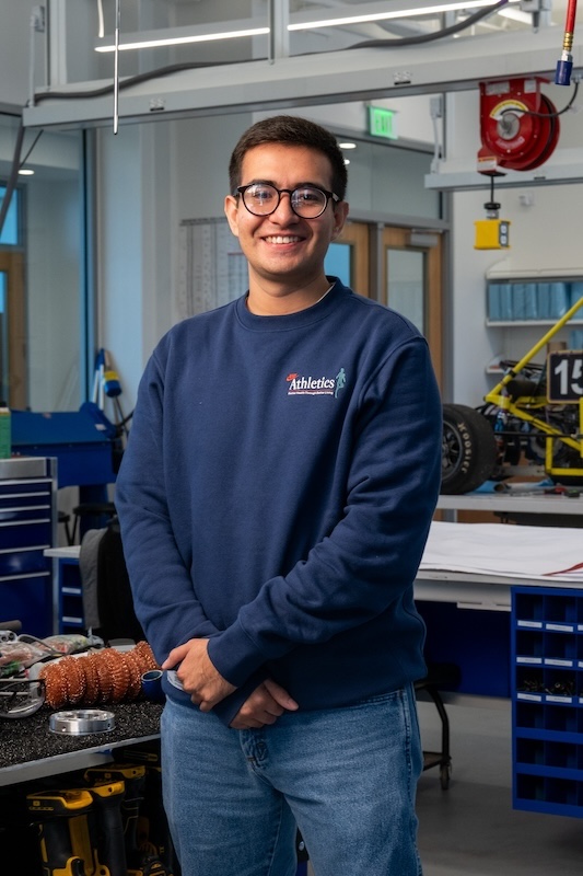 Miguel Fuentes in Vehicle Project Lab in Ashraf Islam Engineering Building