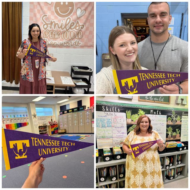 Collage of teachers holding up TN Tech miniture flags.