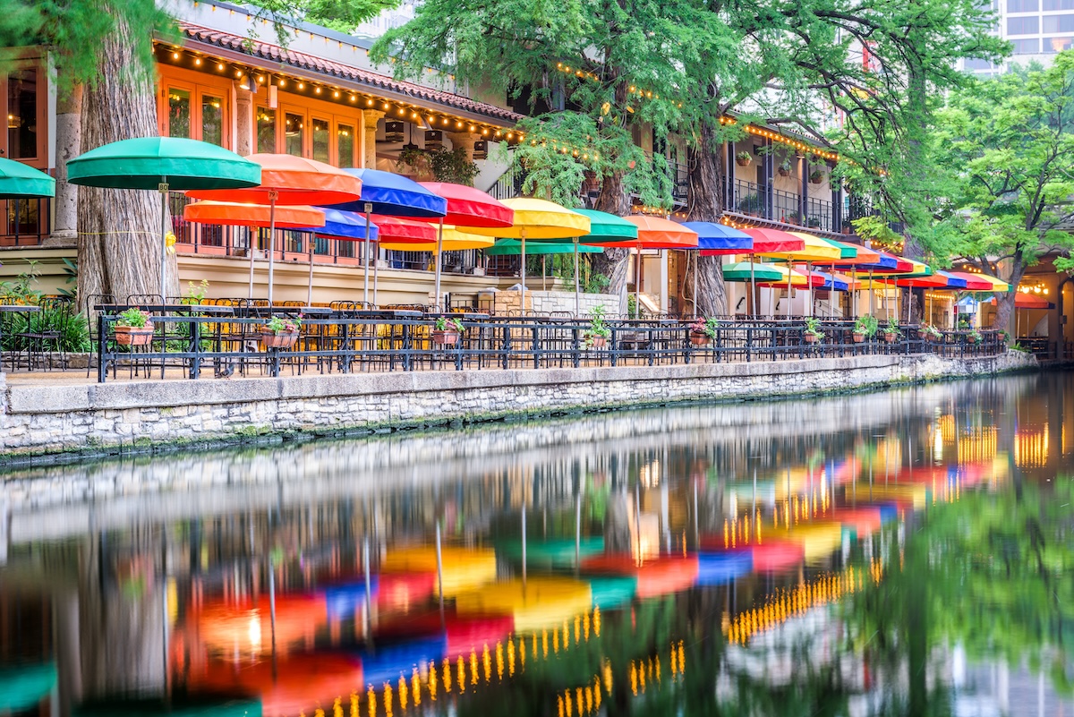 Colorful umbrellas along a waterfront